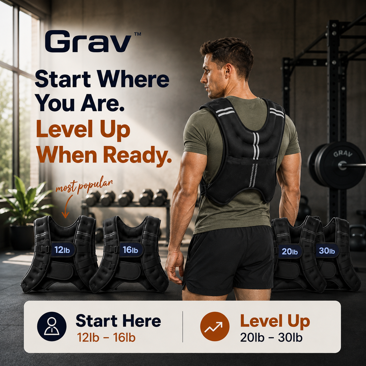Grav weighted vest range from light to heavy loads